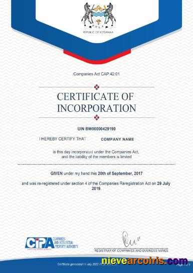 Botswana Certificate of Incorporation